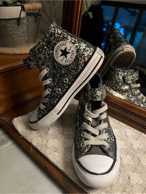 CONVERSE All Star High Top Casual Sneakers Coated Glitter Black Silver Girl's 13